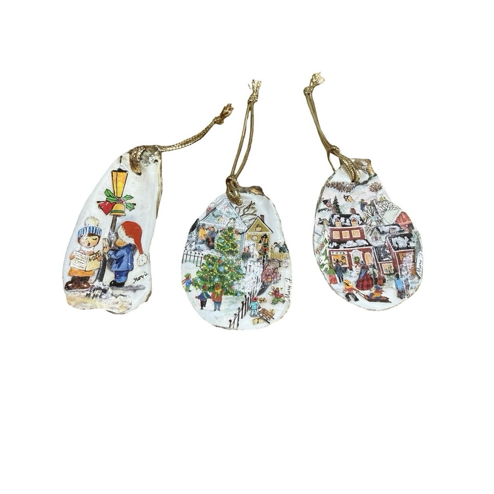 Set of 3  Oyster Shell Christmas Ornaments  signed